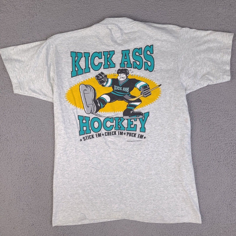 Vintage 1994 Kick Ass Hockey T-Shirt Mens Large Gray Single Stitch Short Sleeve
